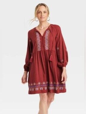Knox Rose Embroidered Red Boho Peasant Dress Size L NWOT
